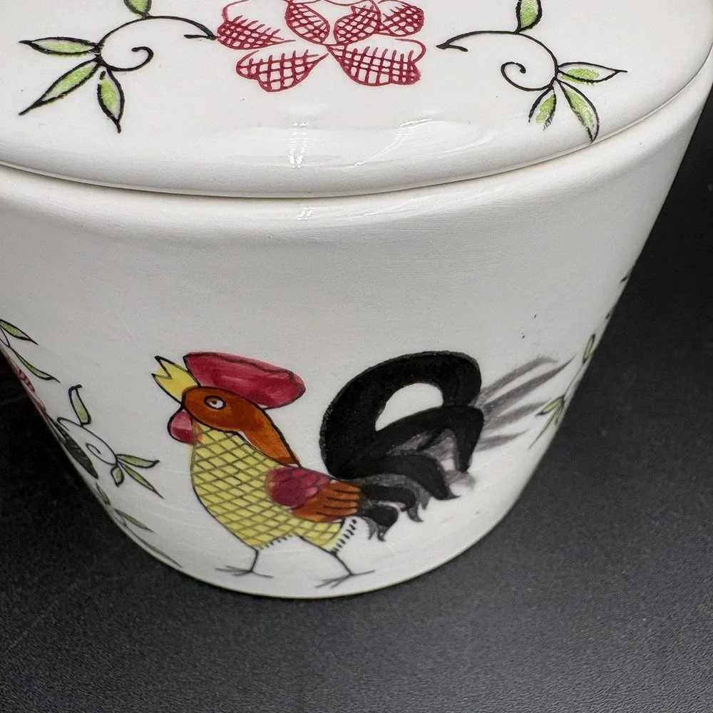 Vintage Butter Grease Crock W/ Lid Chickens Cows 4.75